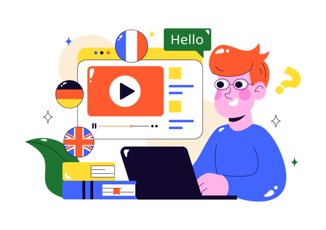 Mann lernt aus Online-Sprachlernkurs  Illustration