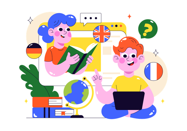 Mann lernt aus Online-Sprachlernkurs  Illustration