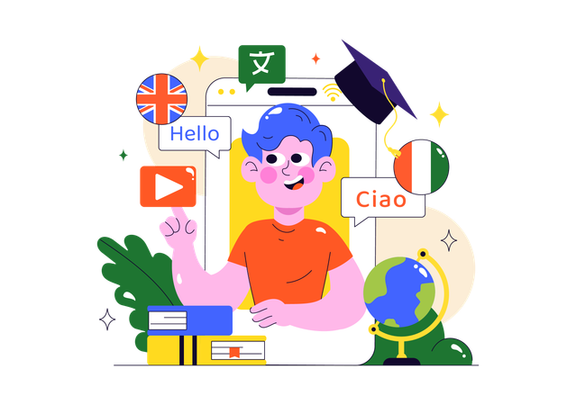 Mann lernt aus Online-Sprachlernkurs  Illustration