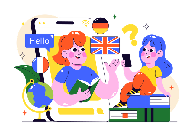 Mann lernt aus Online-Sprachlernkurs  Illustration