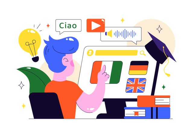 Mann lernt aus Online-Sprachlernkurs  Illustration