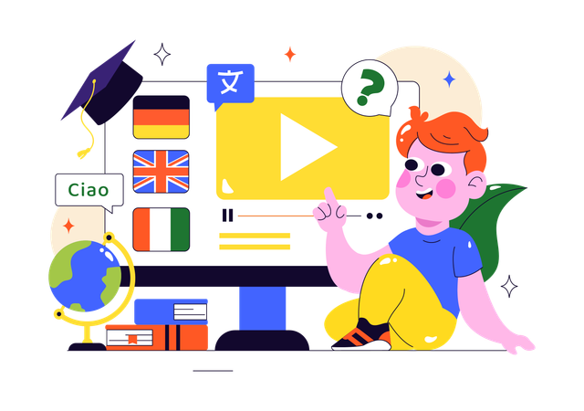 Mann lernt aus Online-Sprachlernkurs  Illustration