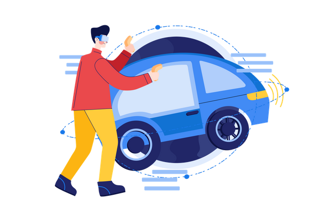 Mann lernt Autofahren mit VR-Technologie  Illustration