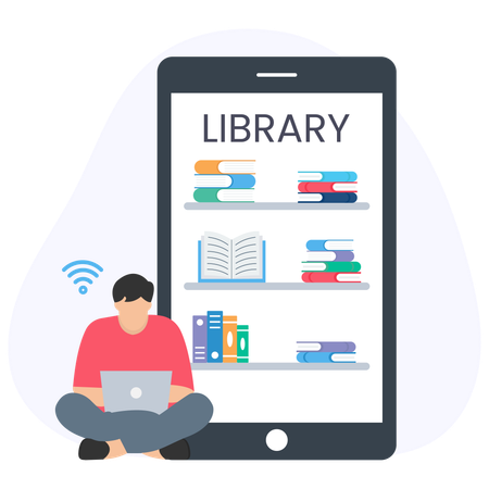 Mann lernt über Online-Bibliotheks-App  Illustration