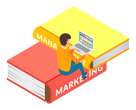 Mann lernt Marketingfähigkeiten in Online-Kurs  Illustration