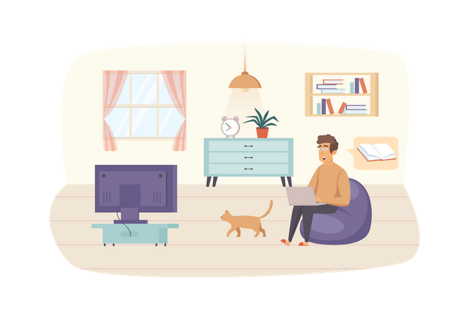 Mann studiert mit Laptop, sitzt auf einem Stuhl mit Katze im Wohnzimmer  Illustration