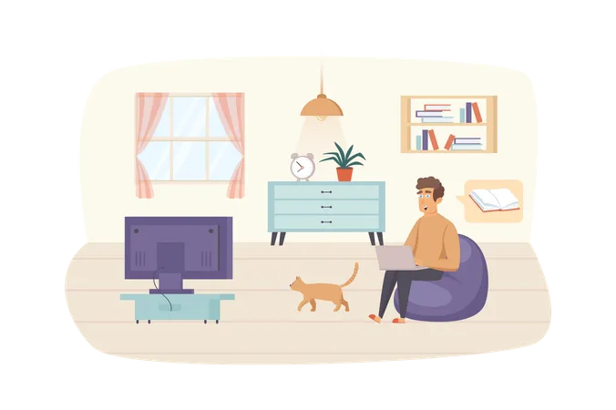 Mann studiert mit Laptop, sitzt auf einem Stuhl mit Katze im Wohnzimmer  Illustration