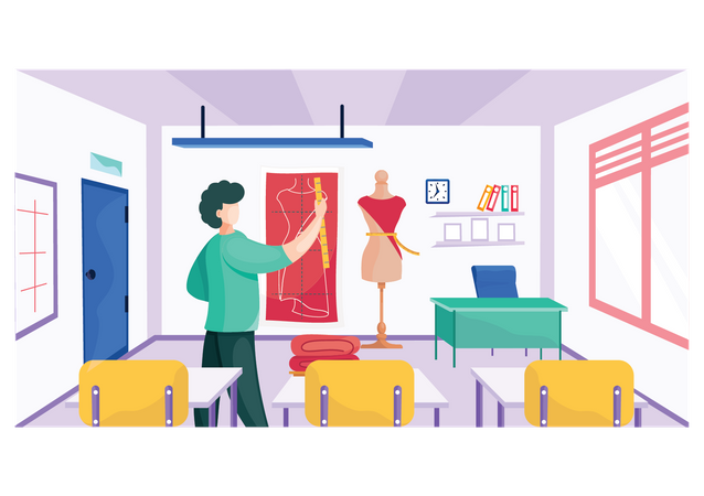 Mann lernt Modedesign im Klassenzimmer  Illustration