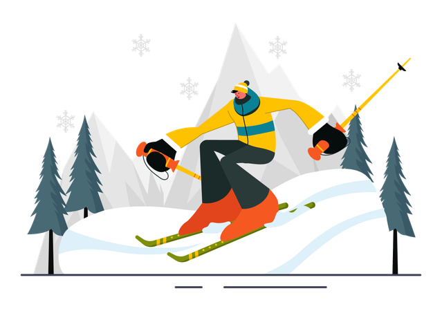 Der Mensch liebt Skifahren auf hügeligen Bergen  Illustration