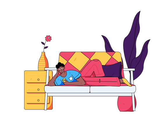 Mann liegt auf dem Sofa und sieht zu Hause fern  Illustration