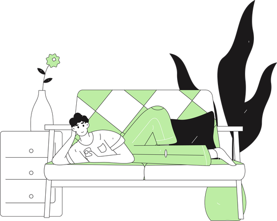 Mann liegt auf dem Sofa und sieht zu Hause fern  Illustration
