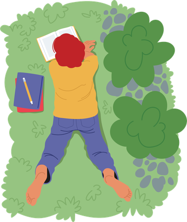 Mann liegt auf Gras und liest Buch  Illustration