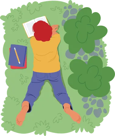 Mann liegt auf Gras und liest Buch  Illustration