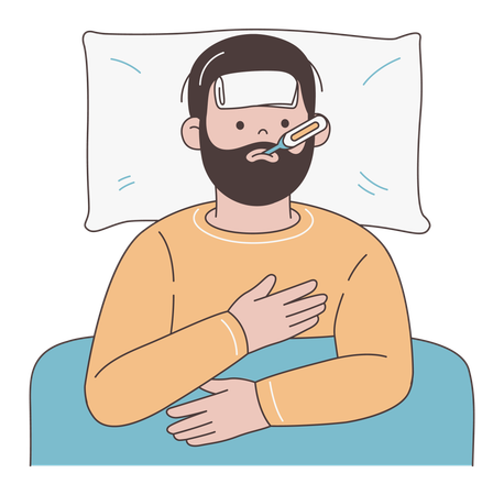Mann liegt mit Fieber krank im Bett  Illustration