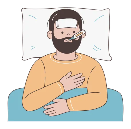 Mann liegt mit Fieber krank im Bett  Illustration
