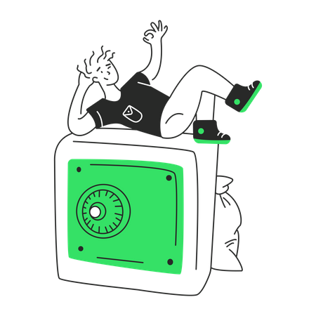 Mann liegt mit Geld auf einem Safe  Illustration