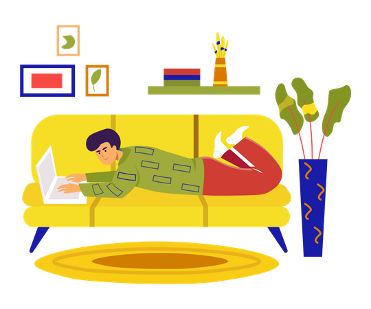 Mann liegt mit Laptop auf Sofa im Zimmer  Illustration