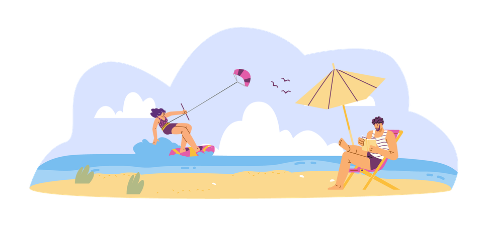 Mann liest ein Buch am Strand. Frau kitesurft auf dem Meer.  Illustration