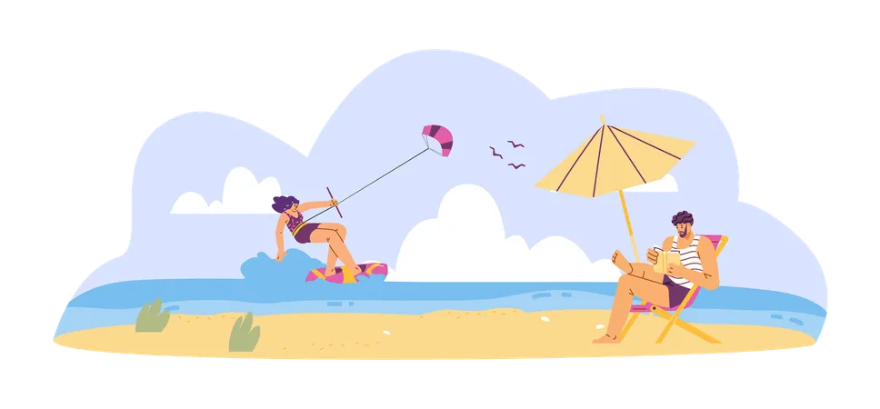 Mann liest ein Buch am Strand. Frau kitesurft auf dem Meer.  Illustration