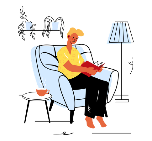 Mann liest Notizbuch auf Sessel  Illustration