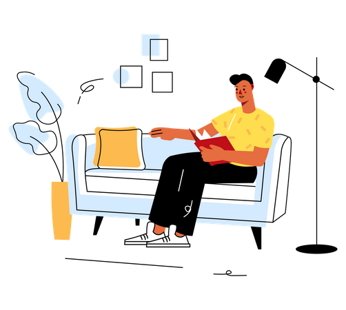 Mann liest Notizbuch auf dem Sofa  Illustration