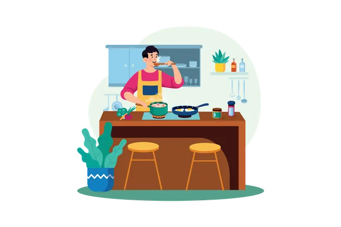 Mann bereitet ein Gericht in der Küche zu  Illustration