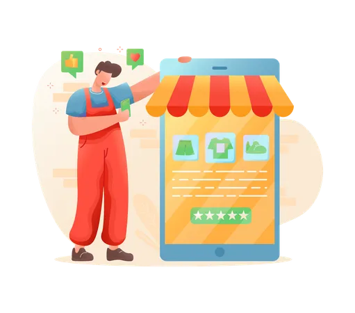Mann kauft über mobile App ein  Illustration