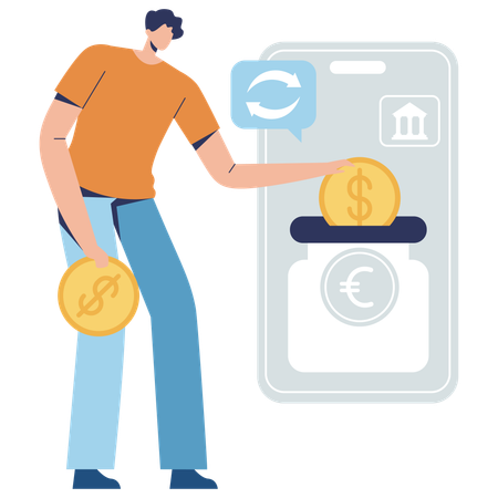 Mann tauscht Geld über mobile App  Illustration