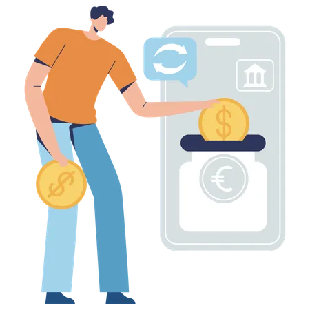 Mann tauscht Geld über mobile App  Illustration