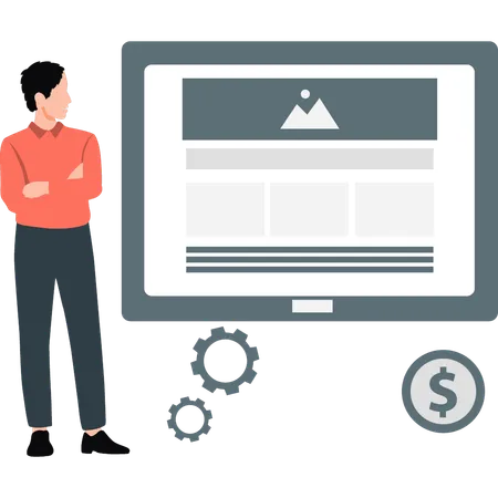 Mann, der Marktforschung betreibt und mit Datenbanken und Diagrammen arbeitet  Illustration