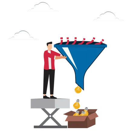 Mann macht mit Trichter Glühbirne mit Fragezeichen  Illustration