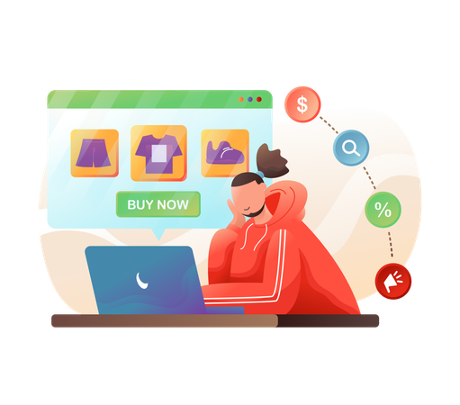 Mann beim Online-Shopping auf einer E-Commerce-Site  Illustration