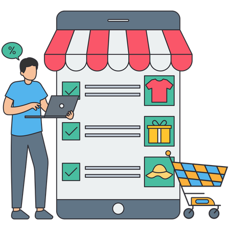 Mann macht Online-Shopping über mobile App  Illustration