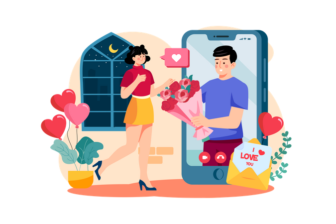 Mann macht online über Smartphone einen Heiratsantrag  Illustration