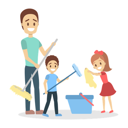 Mann putzt das Haus und erledigt Hausarbeit mit Kindern  Illustration