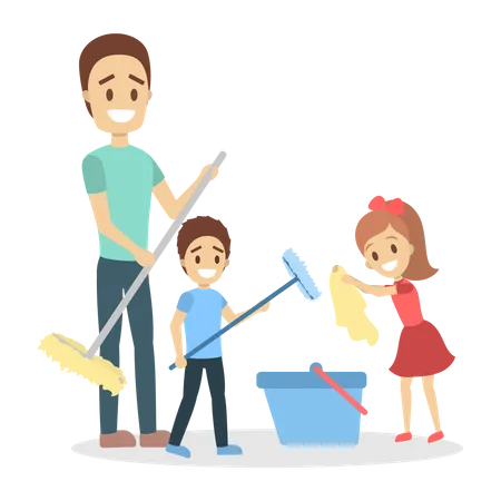 Mann putzt das Haus und erledigt Hausarbeit mit Kindern  Illustration