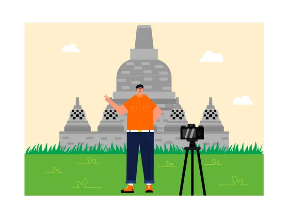 Mann macht Selfie im Borobudur-Tempel  Illustration