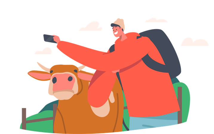 Mann macht Selfie mit Kuh  Illustration