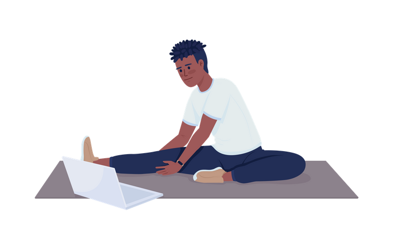 Mann macht Stretching-Übungen neben Laptop  Illustration