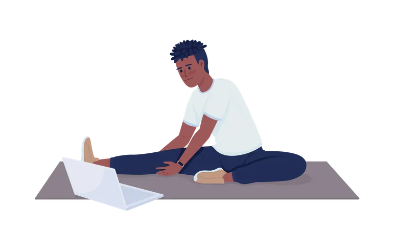 Mann macht Stretching-Übungen neben Laptop  Illustration