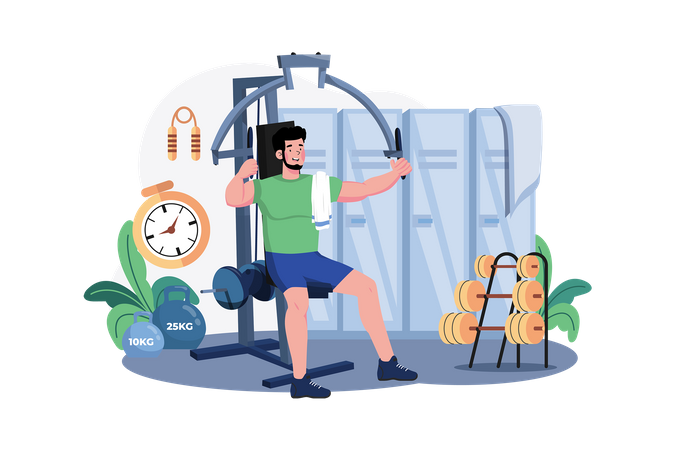 Mann macht Übungen im Fitnessstudio  Illustration