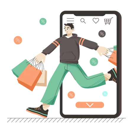 Mann beim virtuellen Einkaufen  Illustration