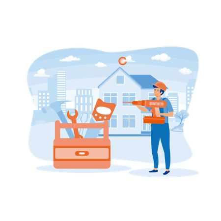 Mann mit Arbeitswerkzeugen nimmt Tischlerdienste an  Illustration