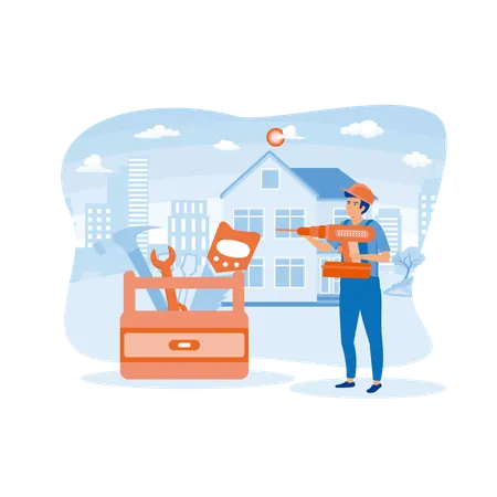 Mann mit Arbeitswerkzeugen nimmt Tischlerdienste an  Illustration