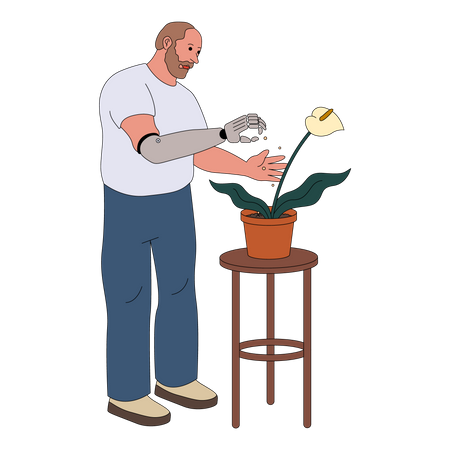 Mann mit Armprothese beim Pflanzen von Feldfrüchten  Illustration