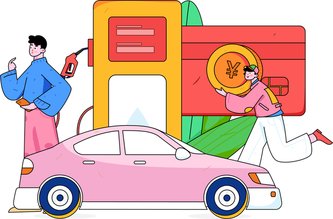 Mann mit Auto an Tankstelle  Illustration