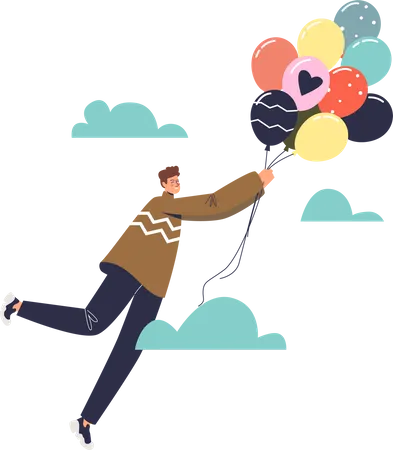 Mann Mit Bunten Luftballons Die In Den Himmel Uber Wolken Fliegen Junger Cartoon Mann Mit Bundel Luftballons Party Feiertagsfeier Und Gluckskonzept Flache Vektorillustration Illustration