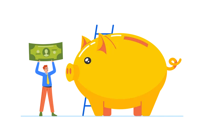 Mann mit Dollar-Banknote im riesigen Sparschwein  Illustration