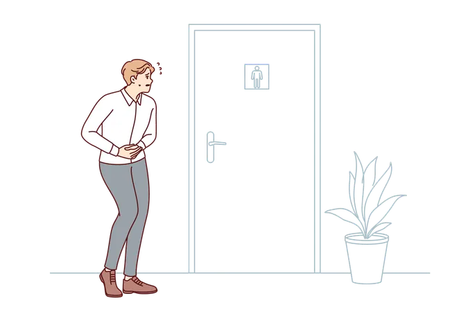 Mann mit Durchfall steht in der Nähe der Toilettentür und hält sich den Bauch  Illustration