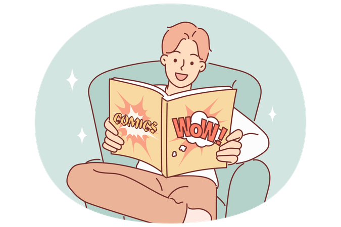 Mann mit Lächeln im Gesicht liest Comics über Superhelden, die die Welt retten  Illustration